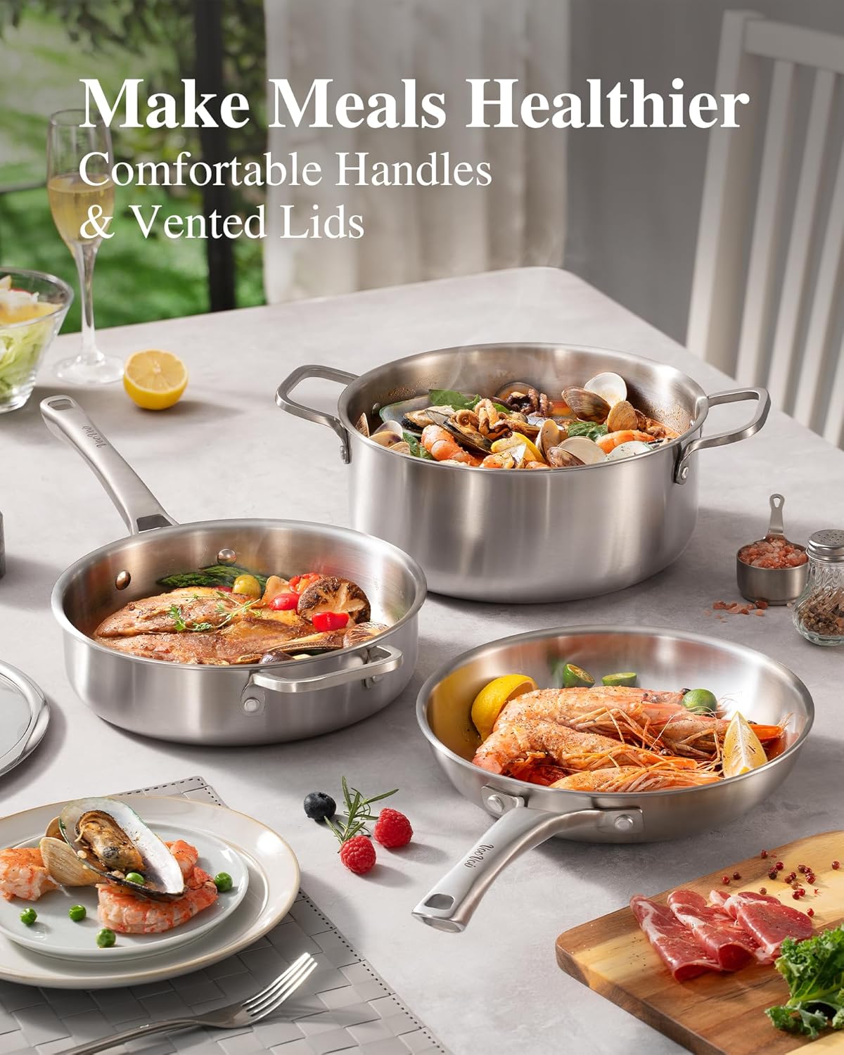 Stainless Steel Cookware Set,Tir-Ply Pots and Pans Set,10 Pcs Stainless Steel Induction Kitchen Cookware Sets,PFOA Free, Frying Pans,Saucepans,Saute Pan & Stock Pot,Compatible with All Cooktops