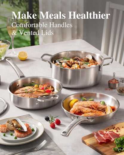 Stainless Steel Cookware Set,Tir-Ply Pots and Pans Set,10 Pcs Stainless Steel Induction Kitchen Cookware Sets,PFOA Free, Frying Pans,Saucepans,Saute Pan & Stock Pot,Compatible with All Cooktops