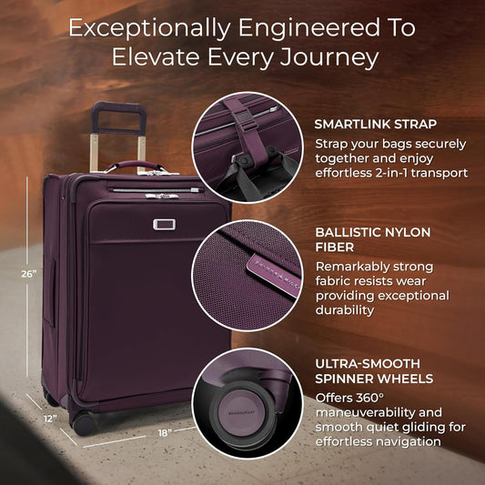 Briggs & Riley 26" Medium Expandable Spinner - Checked Luggage for Travel, Suitcases with Wheels, Softside Rolling Bag for Men & Women, Self-Repairing Zipper - Baseline Collection, Plum