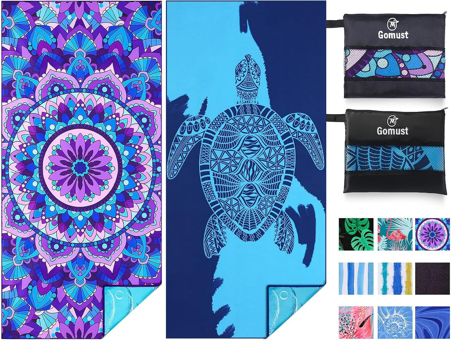2 Pack Lightweight Thin Beach Towel Oversized 71"x32" Big Extra Large Microfiber Sand Free Towels for Adult Quick Dry Travel Camping Beach Accessories Vacation Essential Gift Blue Sea Turtle Mandala