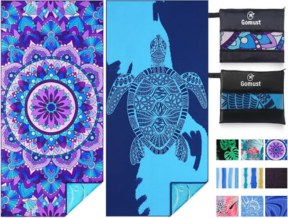 2 Pack Lightweight Thin Beach Towel Oversized 71"x32" Big Extra Large Microfiber Sand Free Towels for Adult Quick Dry Travel Camping Beach Accessories Vacation Essential Gift Blue Sea Turtle Mandala