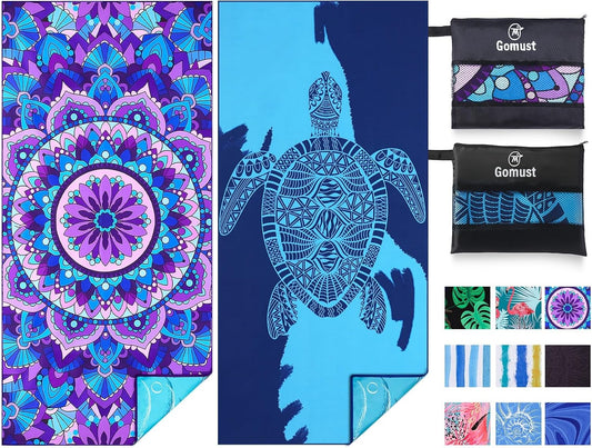 2 Pack Lightweight Thin Beach Towel Oversized 71"x32" Big Extra Large Microfiber Sand Free Towels for Adult Quick Dry Travel Camping Beach Accessories Vacation Essential Gift Blue Sea Turtle Mandala