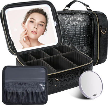 Mocado Travel Makeup Bag with LED Lighted Mirror, Travel Makeup Organizer, Makeup Case with 3 Color Lighted Setting and 10x Magnifying Mirror, Portable Storage and Adjustable Dividers (Crocodile)