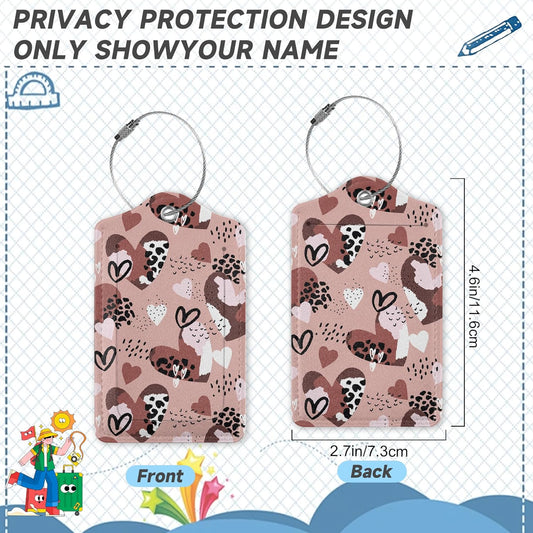 Set of 2 Luggage Tag for Suitcases LeatherAbstract Leopard Print Hearts Tags with Stainless Steel Loop Privacy Name ID Card Cover Travel Bag Labels Set for Women Men Kids Girls