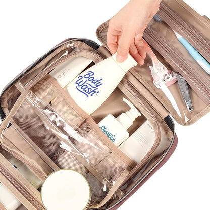 NISHEL Travel Toiletry Bag for women, Portable Hanging Organizer for Travel-Sized Shampoo, Conditioner, Brushes Set, Makeup Accessories, Medium Size, Rosewood-Pink