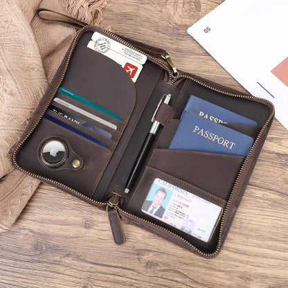 Polare Full Grain Leather Passport Holder With YKK Zipper RFID Blocking Travel Document Organizer Ticket Holder Cover Case Holds 2 Passports (Dark Brown with AirTag Slot)