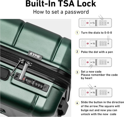 KYME 30 Inch Luggage TSA Approved Hardside Suitcases with Spinner Wheels Durable Large Travel Checked Rolling Luggage with Cup Holder for Women Men Green