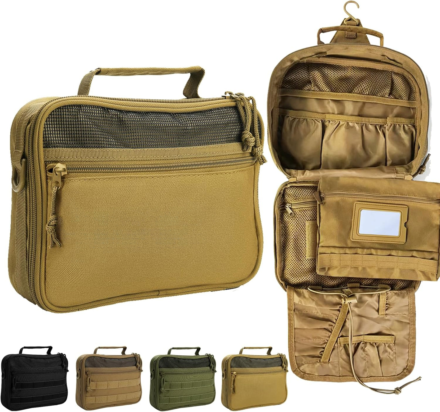 Toiletry Bag for Men Travel, Men's Hanging Toiletry Bag, Portable Dopp Kit Organizer with Hook - Shaving Bag, Tactical Travel Essentials Khaki（No molle）