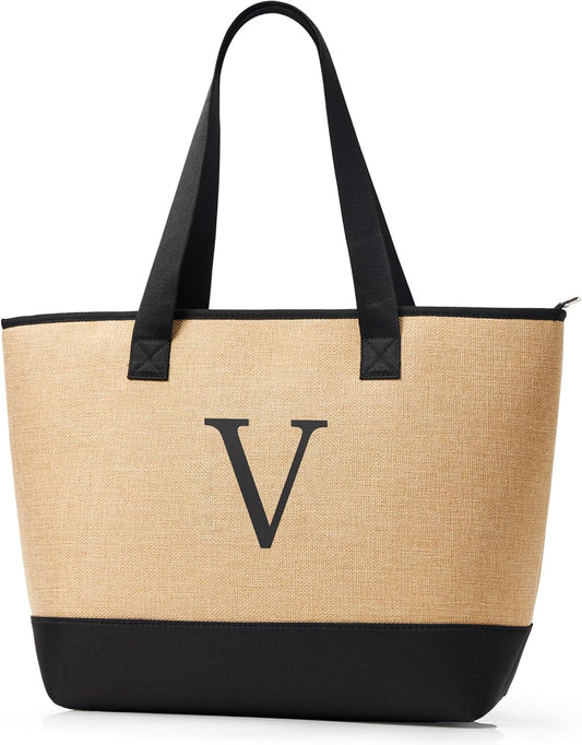 KALIDI Woven Tote Bag for Women, Lightweigh Monogram Beach Bag with Zipper & Sand-Proof Canvas Base, Personalized Gift
