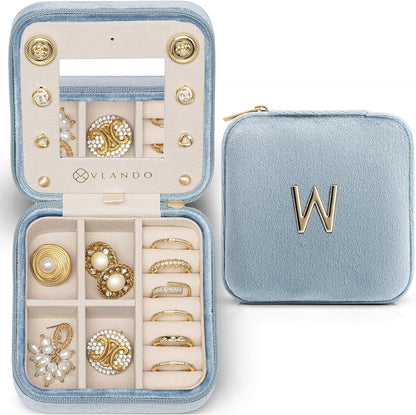 Vlando Travel Jewelry Box for Girls Women, W Initial Jewelry Box for Girls Small Jewelry Box Travel Jewelry Case Jewelry Box Travel Gifts for Girls Women - Letter W, Navy Blue