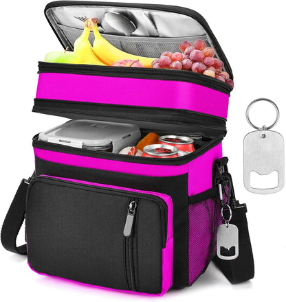 Insulated Lunch Bag Women | Large Adult Lunch Box | Double-Layer Reusable Lunch Bags | Leak-Proof Tote Cooler Bag for Work Picnic Outdoors | 16L, Hot Pink