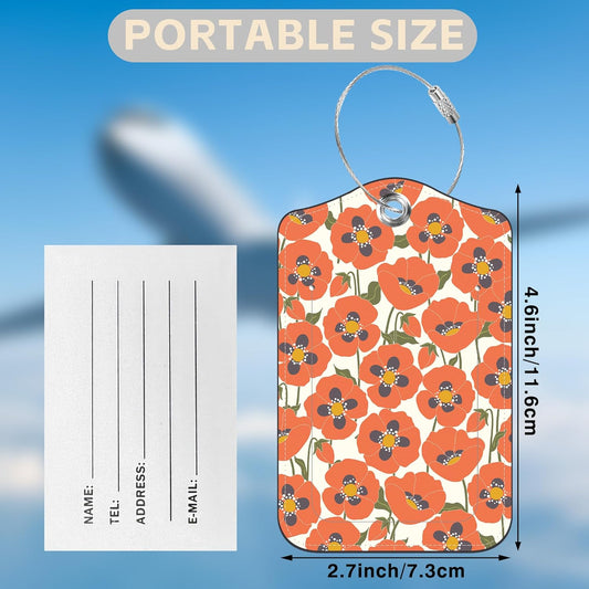 2 Pack Luggage Tags for Suitcases Orange Flowers Leather Luggage Tags Privacy Cover ID Label with Stainless Steel Loop and Address Card for Women Men Travel Bag Backpack