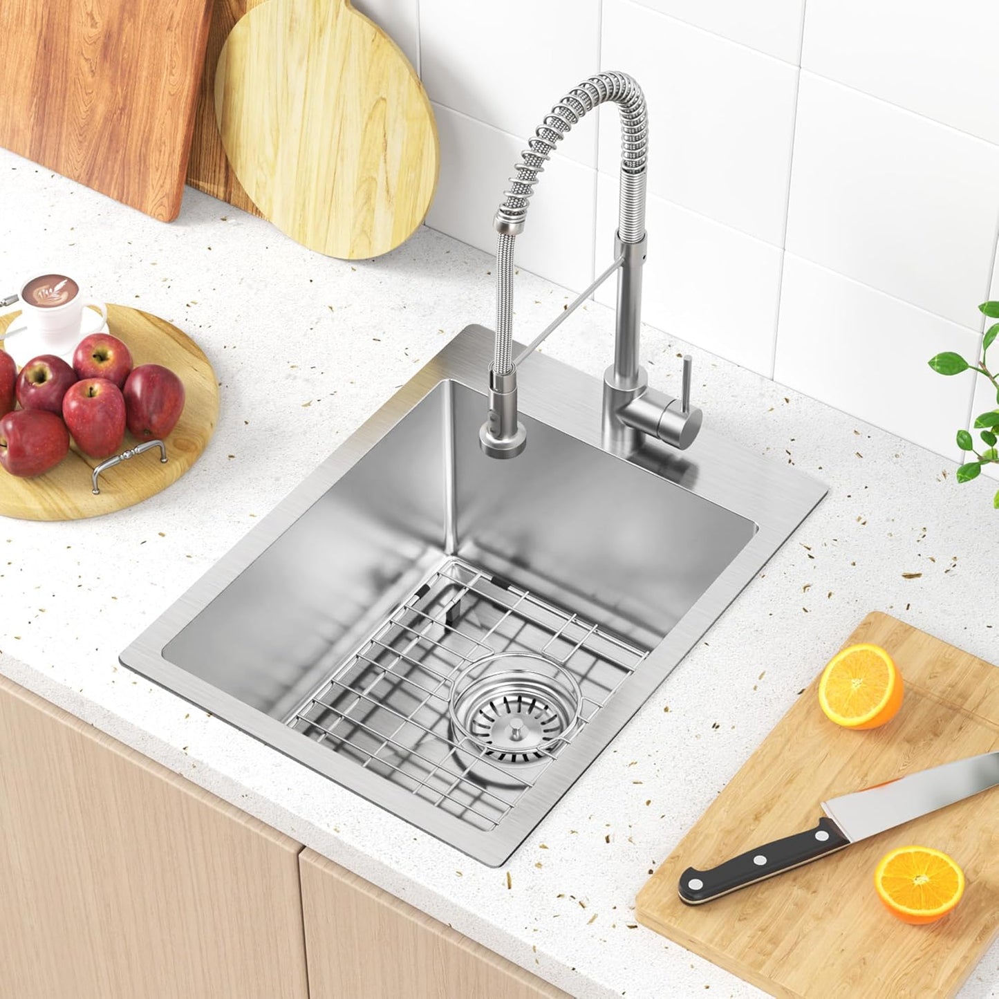 15x20 inch Drop in Bar Sink, 15 inch Small Kitchen Sink 18 Gauge Single Bowl Stainless Steel Topmount Bar Sink with Basket Strainer Drain & Bottom Grid