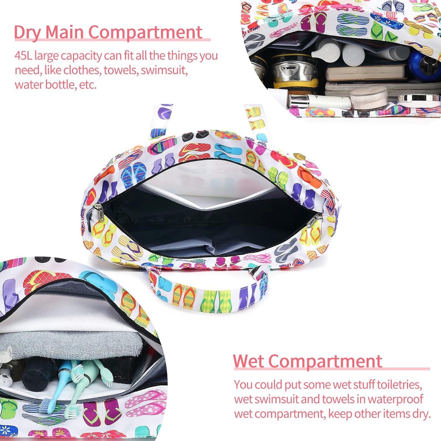 LEDAOU Large Beach Tote Bag Women Waterproof Sandproof Zipper Beach Tote Bag for Pool Gym Grocery Travel with Wet Pocket