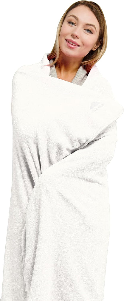 BlueHills Premium Soft Plush Travel Blanket Pillow for Airplane Traveling Essentials in a Bag Flight Throw with Backpack Clip Compact Portable Plane Accessories Ivory White - T025