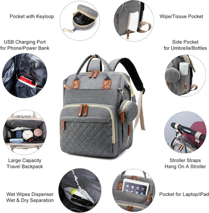 Diaper Bag with Changing Station, Waterproof 3 in 1 Baby Diaper Backpack with Foldable Changing Pad, Large Travel Back Pack for Baby Girl Boy, Grey