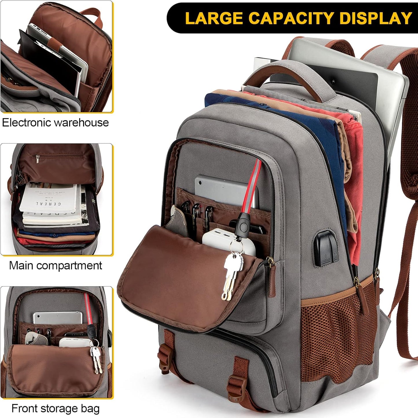 Tzowla Canvas Laptop Backpack, Bag for Men Women,Travel Work Rucksack Fits 15.6 Inch Laptop, Bookbag with USB Charging Port