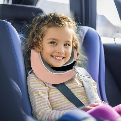 Junior Kids Travel Neck Pillow - Ergonomic Memory Foam Pillow for Airplane, Car, Booster Seat - Soft, Washable, Compact Travel Pillow with Strap - Light Pink - Ages 4-13