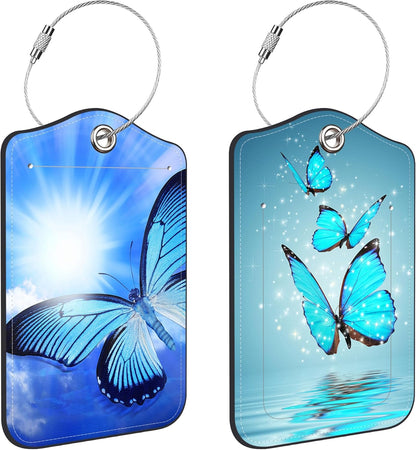 Blue Butterfly Luggage Tags for Suitcases Leather Travel Tags for Luggage ID Label with Privacy Cover and Stainless Steel Loop for Men Women Suitcase Backpack, Set of 2