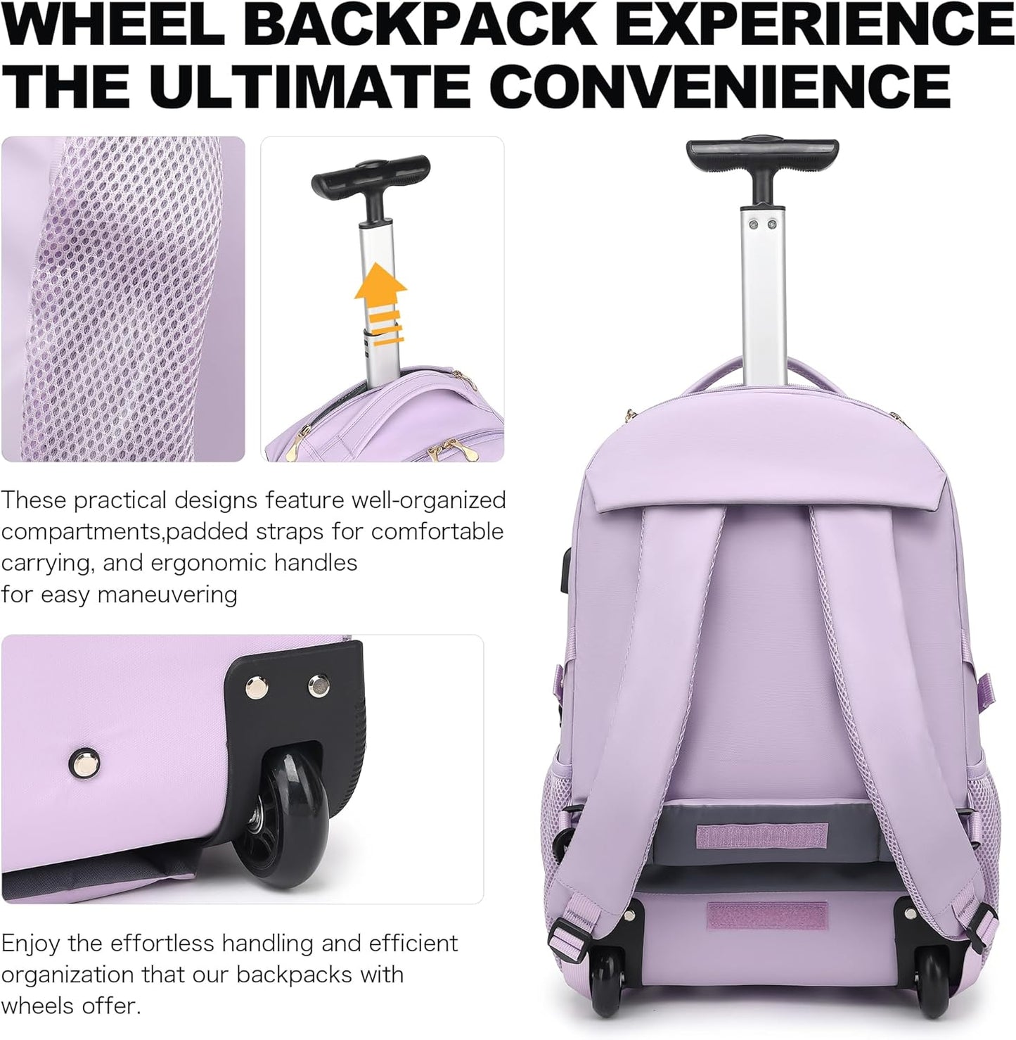 Boavan Rolling Backpack for Women, 17.3 Inch Wheeled Laptop Backpack,Large Travel CarryOn Bag for Teachers College Students, USB Charging Port Waterproof Business for Airplane Overnight Luggage，Purple