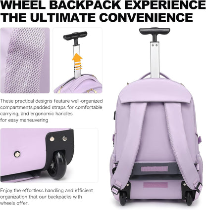 Boavan Rolling Backpack for Women, 17.3 Inch Wheeled Laptop Backpack,Large Travel CarryOn Bag for Teachers College Students, USB Charging Port Waterproof Business for Airplane Overnight Luggage，Purple