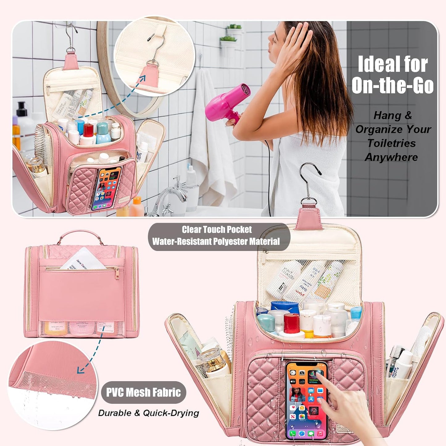 Travel Toiletry Bag for Women, Hanging Toiletry Bag, Bathroom Bag Portable Shower Caddy for College Dorm Travel Shower Bag for Women Water-Resistant Cosmetic Makeup Bag (Pink)