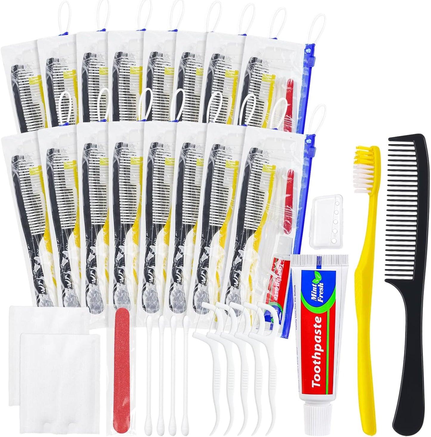 Personal Hygiene Kit Bulk Pack of 5,Yellow Disposable Toothbrushes with Toothpaste Floss Comb Cover and Hotel Vanity Set Basic Travel Toiletry Kit Supplies for Homeless,Charity,Guests