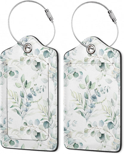 2Pcs Luggage Tag for Suitcase Sage Floral Green Leaves Cute Suitcase Tag with Privacy Flap & Name ID Label & Metal Loop,Travel Bag Luggage Tags for Women
