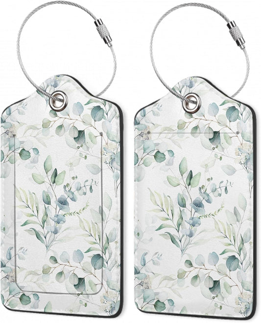 2Pcs Luggage Tag for Suitcase Sage Floral Green Leaves Cute Suitcase Tag with Privacy Flap & Name ID Label & Metal Loop,Travel Bag Luggage Tags for Women