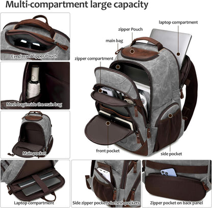Travel Laptop Backpack 17.3 inch XL Computer Backpack for Men Waxed Canvas College Daypack Business Backpack Gray