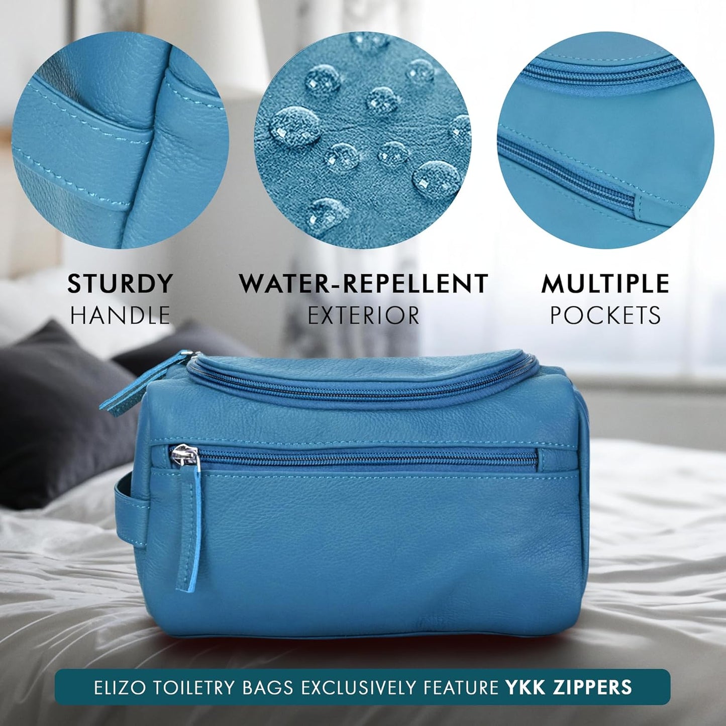 ELIZO Premium REAL Leather Toiletry Bag for Men Dopp Kitt Hanging Mens Toiletry Large TSA Toiletries Bag Shaving Grooming Bag Organizer Espresso (Blue, Large)