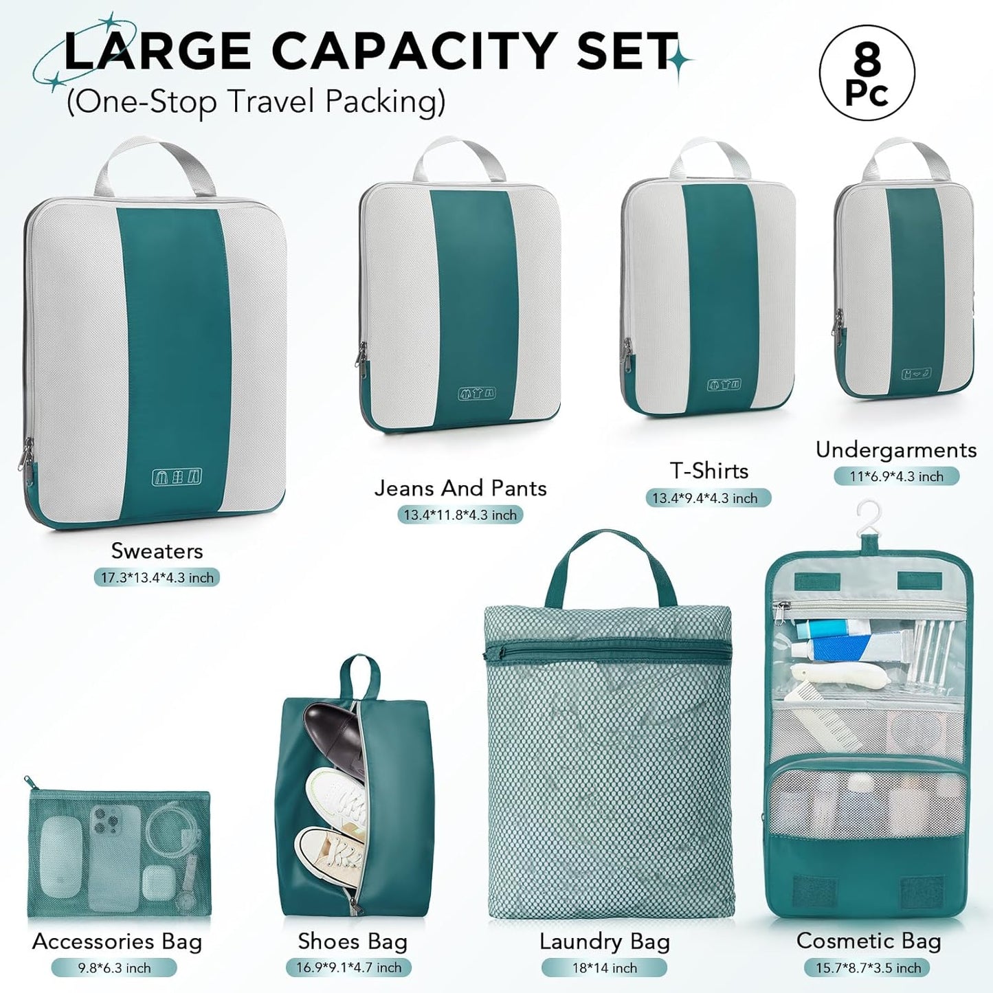 8 Set Compression Packing Cubes for Travel Essentials,Compressible Expandable Packing Cubes for Suitcase,OlarHike Luggage Organizer Bags for Travel,Handy Helper for Organizing Clothes(Dark Blue Green)