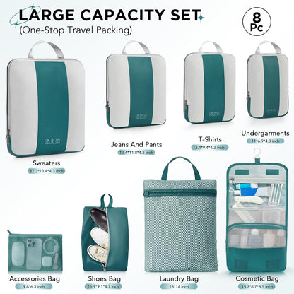 8 Set Compression Packing Cubes for Travel Essentials,Compressible Expandable Packing Cubes for Suitcase,OlarHike Luggage Organizer Bags for Travel,Handy Helper for Organizing Clothes(Dark Blue Green)
