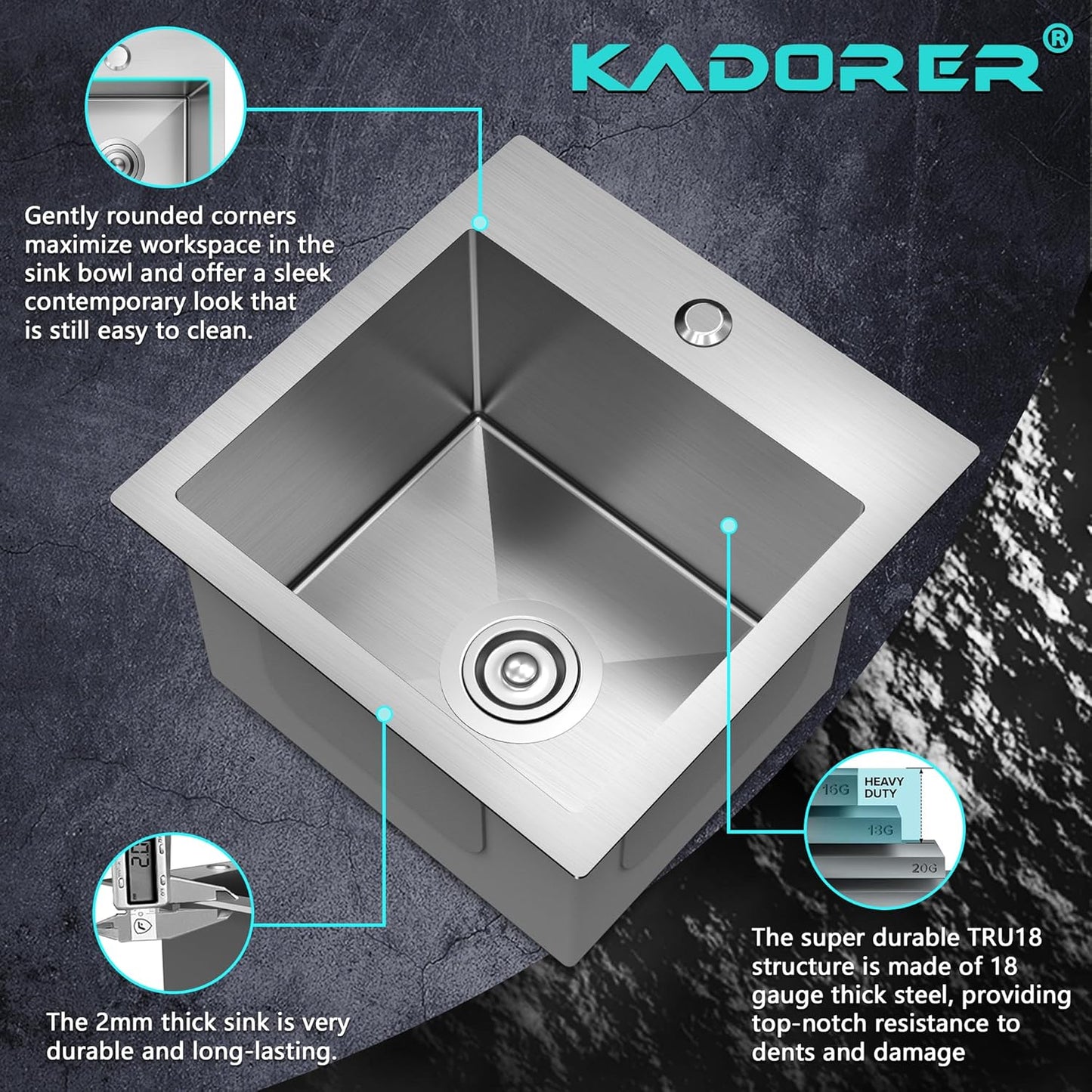 15 x 15 Inch Drop In Kitchen Bar Sink, Stainless Steel Single Bowl Topmount Bar Prep Sink Small Kitchen Sink with Basket Strainer