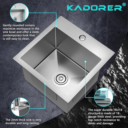 15 x 15 Inch Drop In Kitchen Bar Sink, Stainless Steel Single Bowl Topmount Bar Prep Sink Small Kitchen Sink with Basket Strainer