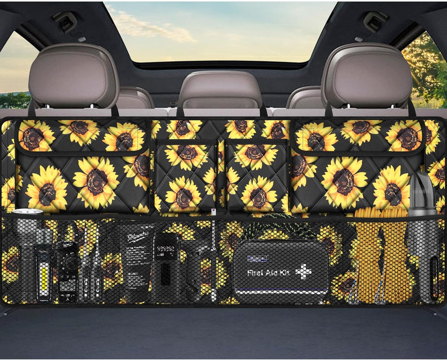 Femuar Car Trunk Organizer,Large Capacity Backseat Organizer(42 in*18 in),Collapsible Storage Bag with 8 Pocekt,Car Organizer for SUV/MPV/Truck - Sunflower TLAG-0114
