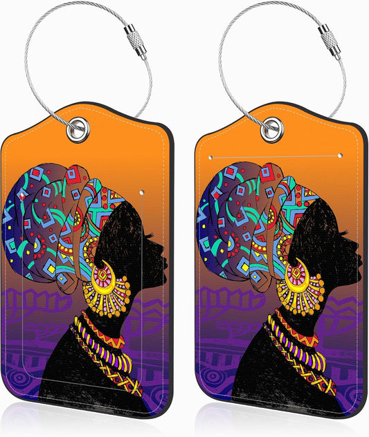 Set of 2 Luggage Tags for Suitcases Silhouette of African Woman Leather Suitcase Tags Identifiers with Privacy Name Address Label and Stainless Steel Loop for Women Men Travel Luggage Accessories