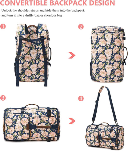 G-FAVOR Travel Backpack for Women, 40L Carry On Backpack Flight Approved Convertible Duffel Bag Backpack Fit for 17.3 Inch Laptop Bag, Floral