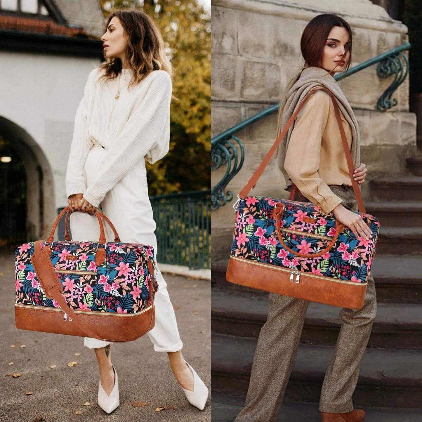 Weekender Bag for Women, Travel Duffel Bag Carry On Overnight Bag with Shoe Compartment Large Nylon Travel Weekend Tote Bag