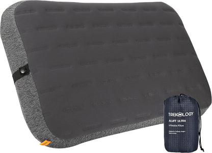TREKOLOGY Camping Pillow - Large Inflatable (24"x15") for Home-Like Comfort, Portable & Ergonomic, Easy to Clean, Durable & Leak-Proof, Removable Strap for Secure Fit – ALUFT Ultra (Grey)