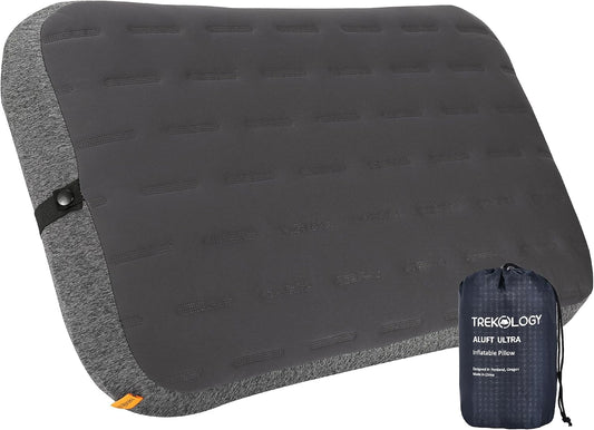 TREKOLOGY Camping Pillow - Large Inflatable (24"x15") for Home-Like Comfort, Portable & Ergonomic, Easy to Clean, Durable & Leak-Proof, Removable Strap for Secure Fit – ALUFT Ultra (Grey)