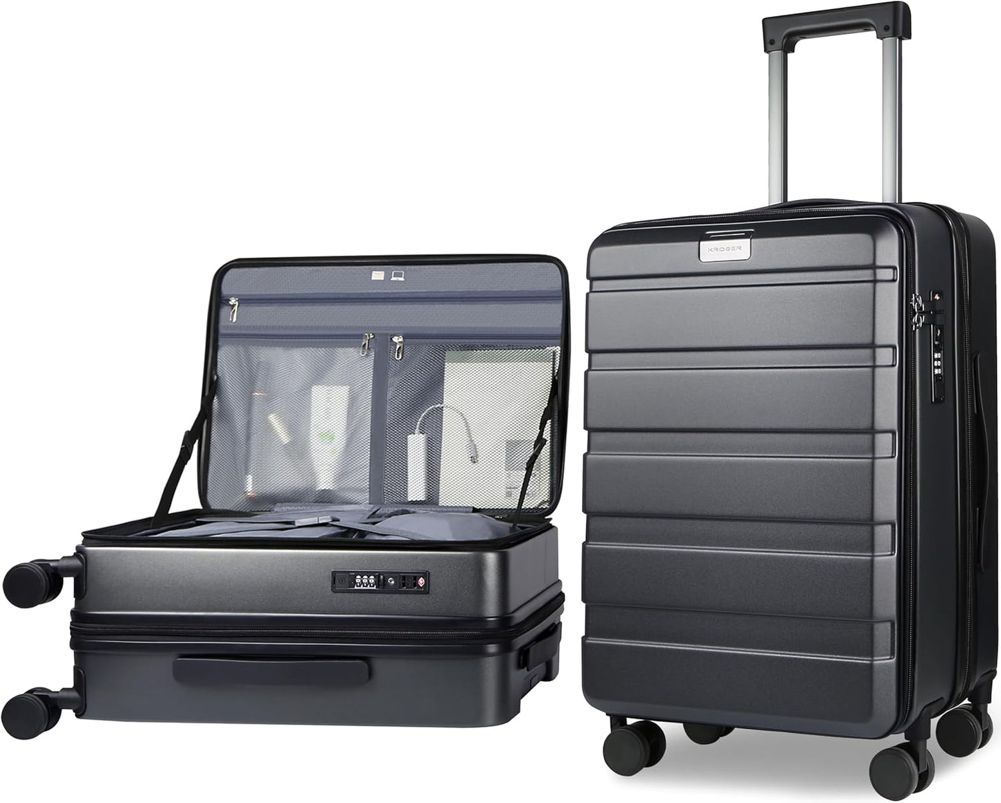 KROSER Carry On Luggage with Spinner Wheels & Built-in TSA Lock, Expandable Top Loading Hard Shell Suitcase Large Capacity Durable Rolling Luggage with USB Port, Carry-On 20-Inch, Steel Grey