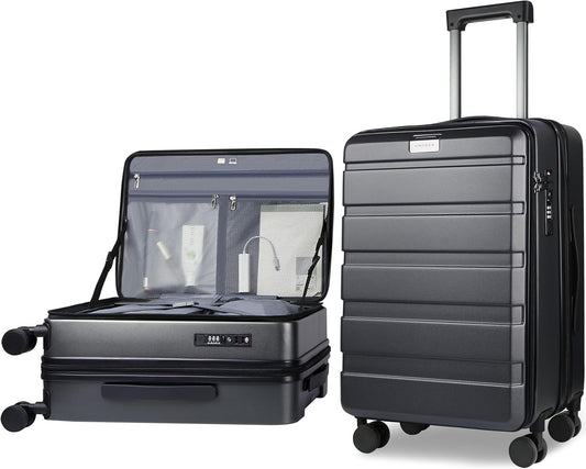 KROSER Carry On Luggage with Spinner Wheels & Built-in TSA Lock, Expandable Top Loading Hard Shell Suitcase Large Capacity Durable Rolling Luggage with USB Port, Carry-On 20-Inch, Steel Grey