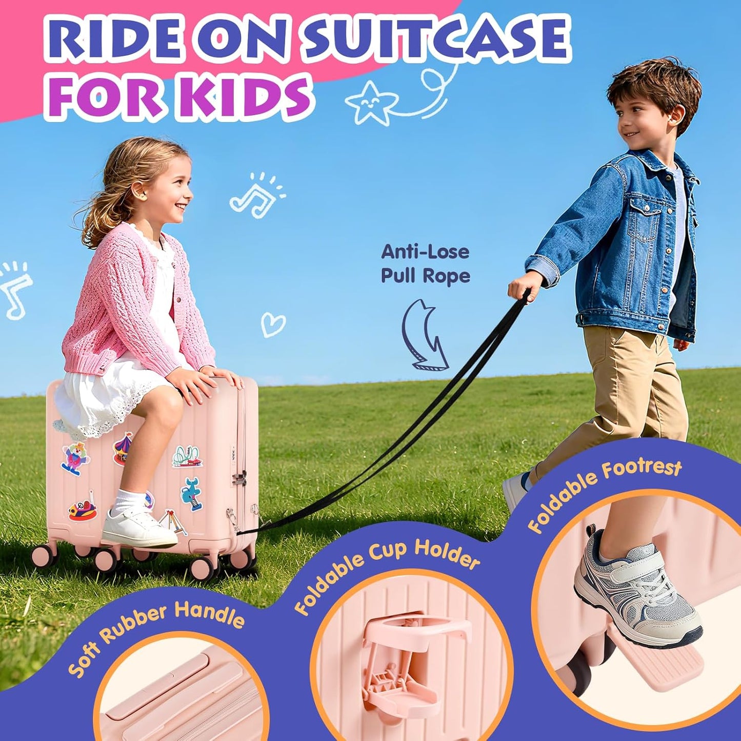 Kids Ride-On Luggage, 20" Hardshell Carry-On Suitcase with 6 Spinner Wheels, Foldable Pedal, Hidden Cup Holder & Combination Lock for Toddlers & Children (Pink, 20-inch)