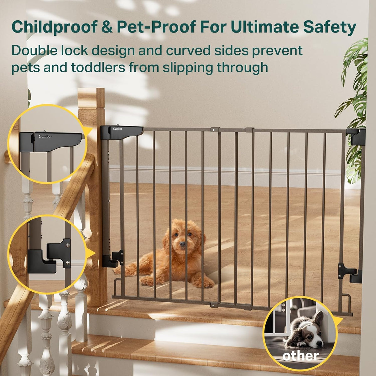 Cumbor 29.2–43" Baby Gate for Stairs, Wall-Mounted (Drill Required), Expandable No Bottom Bar Dog Gate, Auto Close Extra Wide Walk Thru, Pet & Toddler Proof Gate, Top & Bottom of Stairways (Brown)