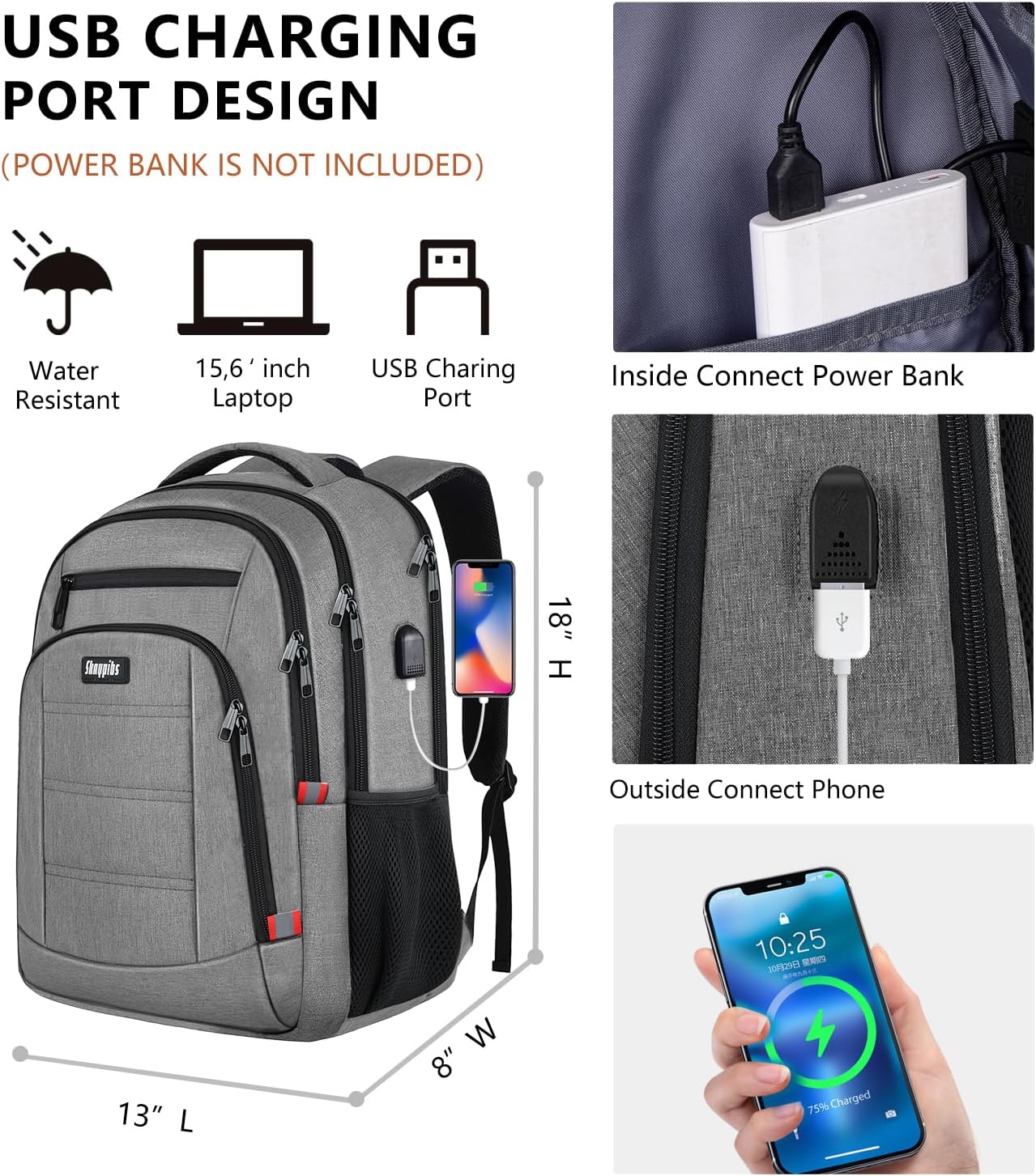 Backpack for Men Women, Travel School Backpacks for Teen Boys, Bookbag with USB Charging Port, Anti Theft College Students Backpack Fits 15.6 Inch Laptop, Casual Work Business Back Pack, Grey