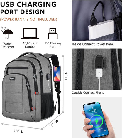 Backpack for Men Women, Travel School Backpacks for Teen Boys, Bookbag with USB Charging Port, Anti Theft College Students Backpack Fits 15.6 Inch Laptop, Casual Work Business Back Pack, Grey