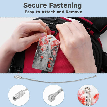 Set of 2 Luggage Tags for Suitcases, Leather Romantic Eiffel Tower Baggage Tags with Stainless Steel Loop, Privacy Name ID Card Cover Kawaii Travel Labels for Women Men Kids Girls