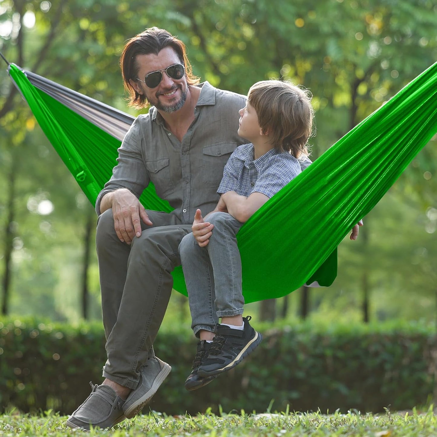 Camping Hammock with Net,Portable Lightweight Double Hammocks with Tree Straps and Solid D-Shape Carabiners,Parachute Nylon Hammock for Backpacking Beach Backyard Patio Hiking Green&Grey