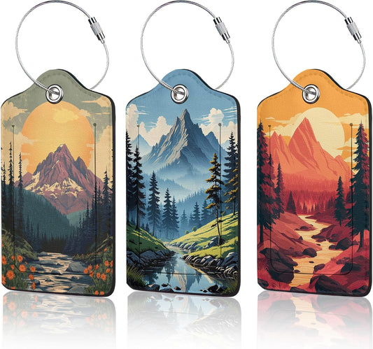 Vintage Mountain Luggage Tag for Suitcase,Forest Lake Design with Privacy Flap Name ID Label Metal Loop, 3 Pack